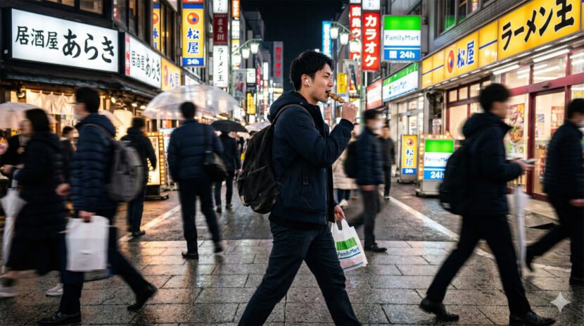 In places like Dotonbori in Osaka, people still enjoy street food — they simply pause before moving on.